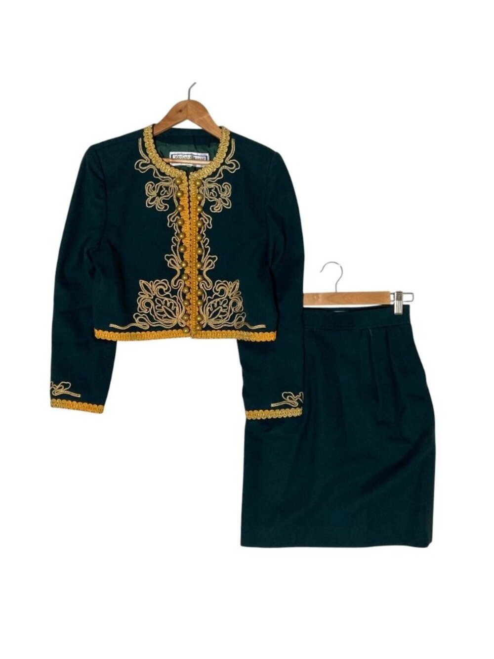 Saint Laurent Vintage Wool Rope Napoleon Collarless Jacket Skirt Set S Green M